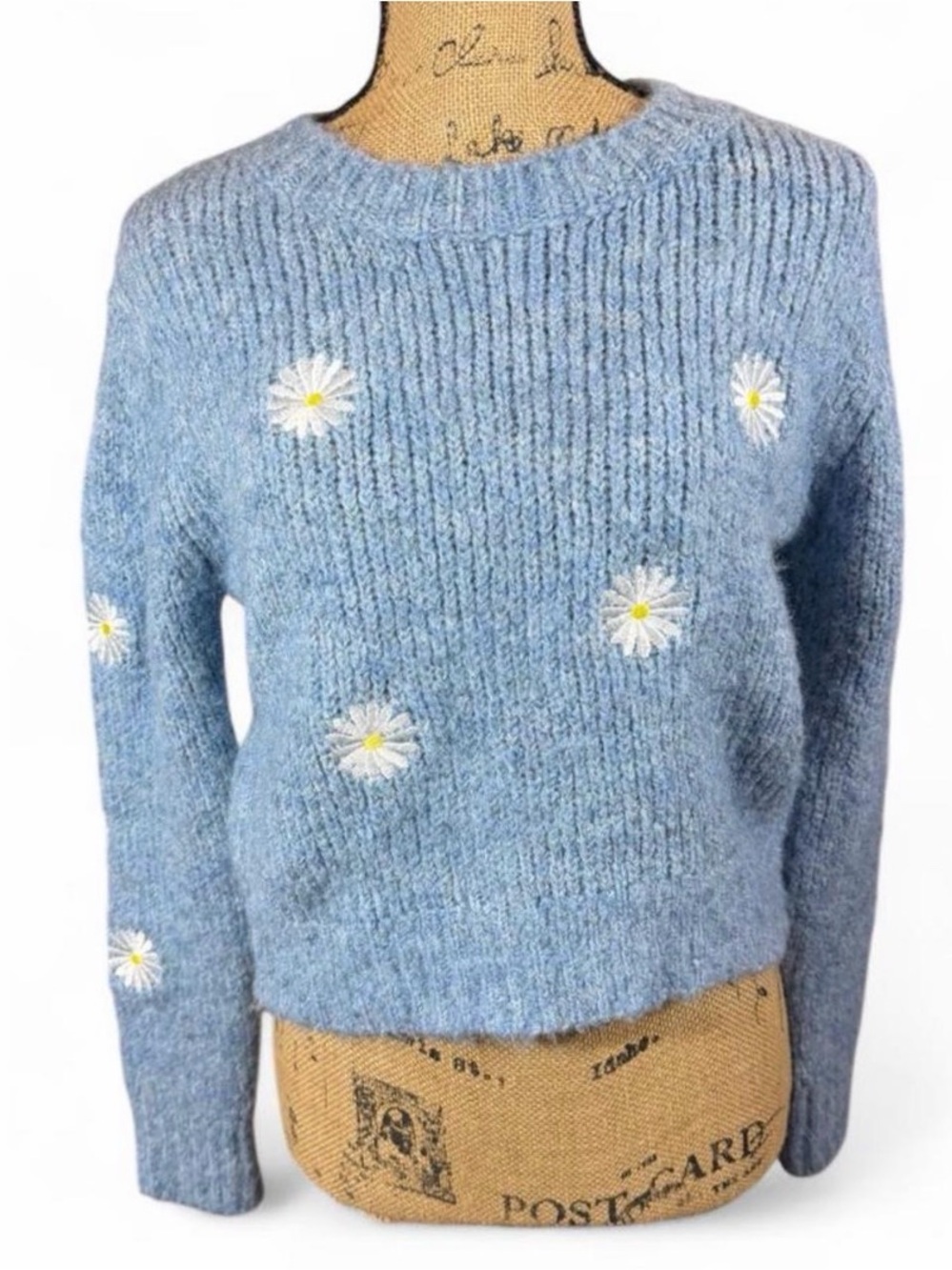 Dreamers by Debut Blue Daisy Embroidered Fuzzy Sweater Size Small